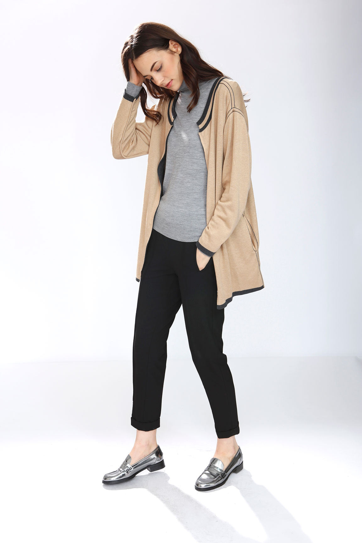 Alex Reversible Silk/cashmere pullover/cardigan- Charcoal/Camel Alex Reversible Silk/cashmere pullover/cardigan- Charcoal/Camel
