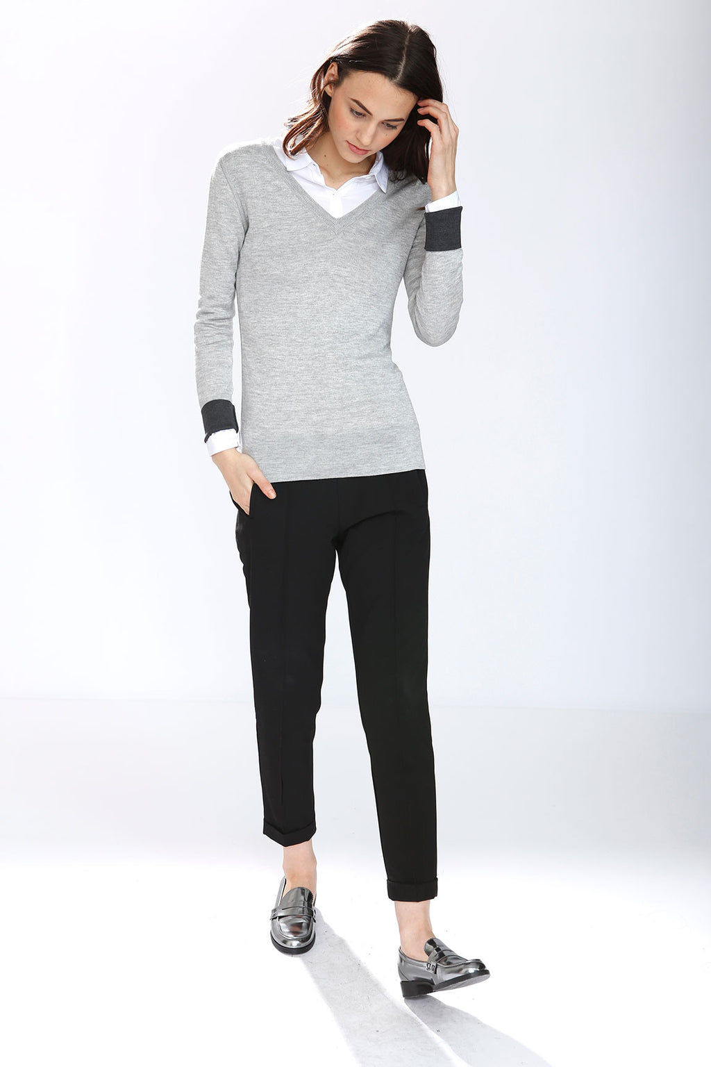 Taylor Reversible Silk/Cashmere Pullover – Grey/Beige/Charcoal